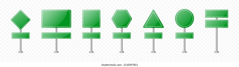 Set of road text panels. Green road signs banners isolated on transparent background. Highway signs. Green pointers on the road, traffic control signs and road direction signboards Vector graphic EPS