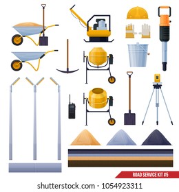 Set of road tools, wheelbarrow, concrete mixer, asphalt, workmanship, gloves, vector icons