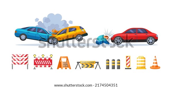 Set of road traffic accidents and traffic\
barriers. Accident scenes with damaged transport vehicles and male\
pedestrian knocked down by car. Roadwork barriers, traffic\
barricades and cones flat\
vector
