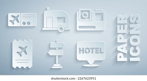 Set Road traffic sign, Action extreme camera, Airline ticket, Location hotel, Rv Camping trailer and  icon. Vector