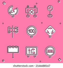 Establece el símbolo de tráfico, barrera, parada, semáforo, límite de velocidad, rotonda, tablero de cartón con luces e icono. Vector