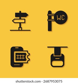 Set Road traffic sign, Cable car, Online ticket booking and Toilet icon with long shadow. Vector