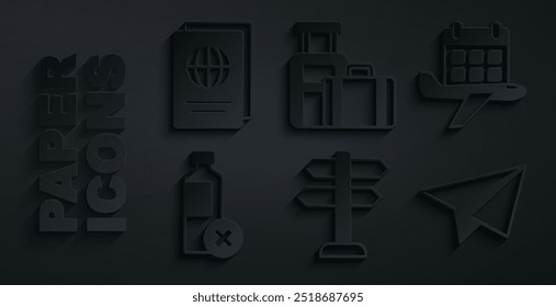 Set Road traffic sign, Calendar and airplane, No water bottle, Paper, Suitcase and Passport icon. Vector
