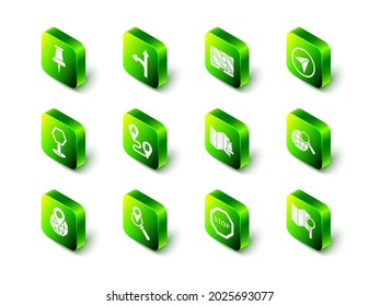 Set Road traffic sign, City map navigation, Infographic of city, Magnifying glass with globe, Search location, Folded push pin, Stop and  icon. Vector