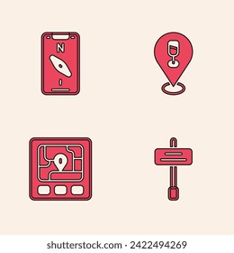 Establece el símbolo de tráfico de carretera, la brújula en el móvil, el lugar de la barra de alcohol o cerveza y el dispositivo Gps con el icono del mapa. Vector