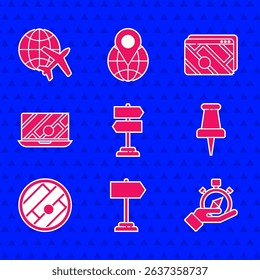 Set Road traffic sign, Compass, Push pin, Folded map with location, City navigation, Infographic of city and Globe flying plane icon. Vector