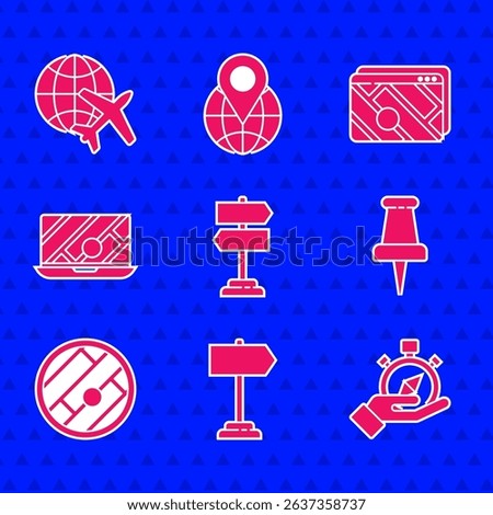 Set Road traffic sign, Compass, Push pin, Folded map with location, City navigation, Infographic of city and Globe flying plane icon. Vector