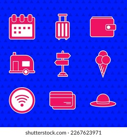 Set Road traffic sign, Credit card, Elegant women hat, Ice cream in waffle cone, Wi-Fi wireless internet network, Rv Camping trailer, Wallet and Calendar icon. Vector