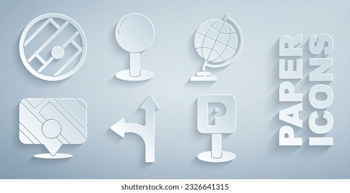 Set Road traffic sign, Earth globe, Infographic of city map navigation, Parking, Push pin and Folded with location icon. Vector