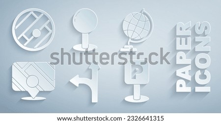 Set Road traffic sign, Earth globe, Infographic of city map navigation, Parking, Push pin and Folded with location icon. Vector
