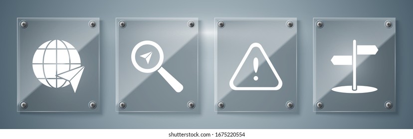 Stellen Sie Straßenverkehrszeichen, Ausrufezeichen im Dreieck, Suchstandort und Position auf der Erde ein. Viereckige Glasplatten. Vektorillustration