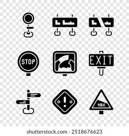 Set Road traffic sign, Exclamation mark in triangle, Steep ascent and descent road, Stop and Drawbridge ahead icon. Vector