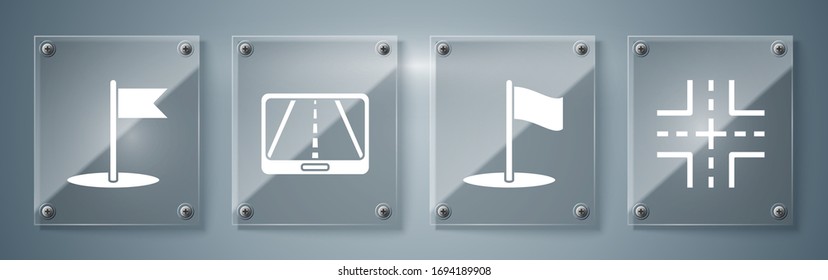 Set Road traffic sign, Flag, Infographic of city map navigation and Flag. Square glass panels. Vector