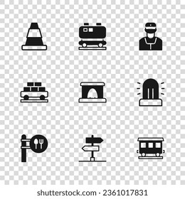 Set Road traffic sign, Flasher siren, Passenger train cars, Railway tunnel, Train conductor, Traffic cone, Oil railway cistern and Cargo wagon icon. Vector