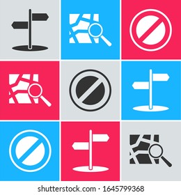 Stellen Sie Straßenverkehrszeichen ein, Faltkarte mit Ortsmarkierung und Symbol Stopp. Vektorillustration