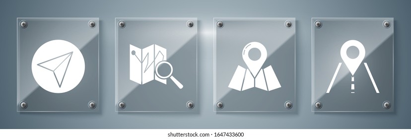 Set Road traffic sign, Folded map with location marker, Folded map with location marker and Paper airplane. Square glass panels. Vector
