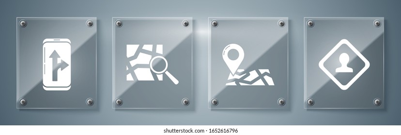 Set Road traffic sign, Folded map with location marker, Folded map with location marker and Infographic of city map navigation. Square glass panels. Vector