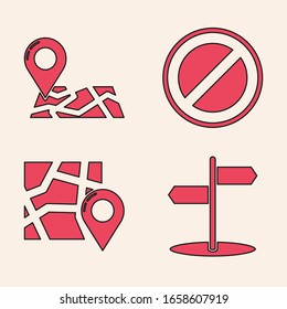 Set Road traffic sign, Folded map with location marker, Stop sign and Folded map with location marker icon. Vector