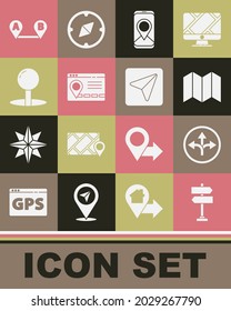 Set Road traffic sign, Folded map, City navigation, Infographic of city, Push pin, Route location and  icon. Vector