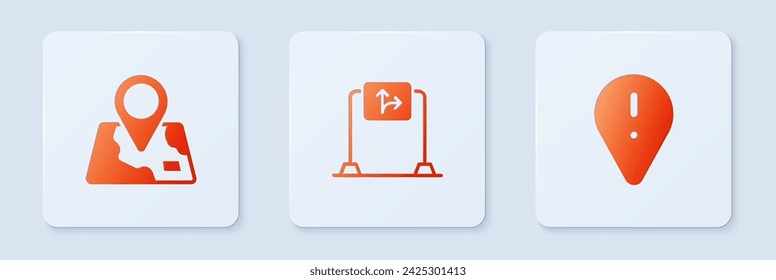 Set Road traffic sign, Folded map with location marker and Location exclamation. White square button. Vector