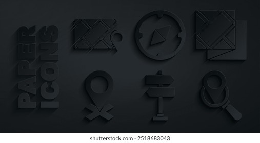 Set Road traffic sign, Folded map, Location, Search location, Compass and City navigation icon. Vector