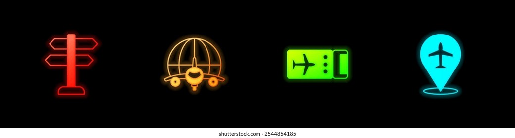 Set Road traffic sign, Globe with flying plane, Airline ticket and Plane icon. Vector