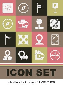 Set Road traffic sign, Gps device with map, Folded, Location marker, store, Compass, Infographic of city navigation and Push pin icon. Vector