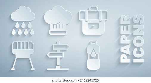 Señal de tráfico de carretera, mochila de senderismo, parrilla de barbacoa, botella de agua, sombrero de chef y nube con icono de lluvia. Vector