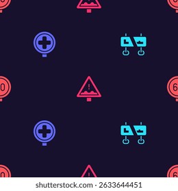 Set Road traffic sign, Hospital road, Uneven ahead and Speed limit on seamless pattern. Vector