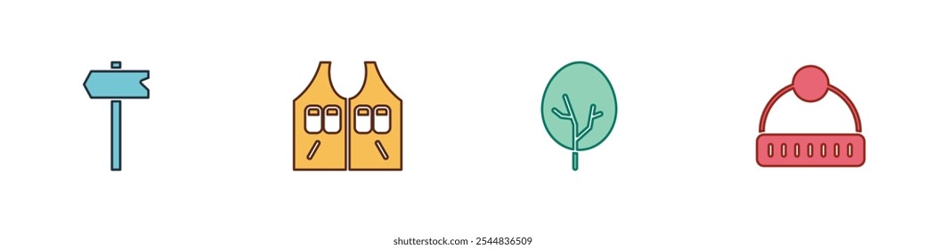 Set Road traffic sign, Hunting jacket, Tree and Winter hat icon. Vector