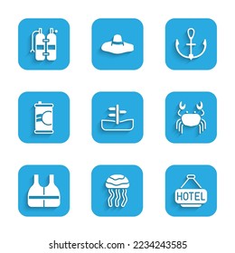 Set Road traffic sign, Jellyfish, Signboard with text Hotel, Crab, Life jacket, Soda can, Anchor and Aqualung icon. Vector