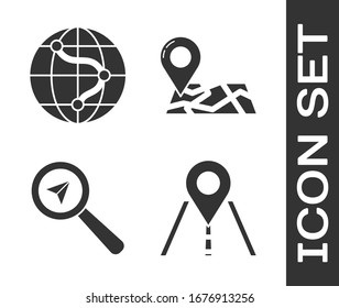 Set Road traffic sign, Location on the globe, Search location and Folded map with location marker icon. Vector