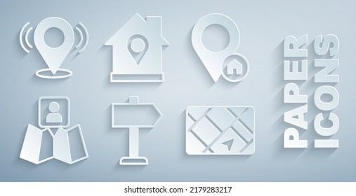 Set Road traffic sign, Location with house, Folded map location marker, Gps device,  and Map pin icon. Vector