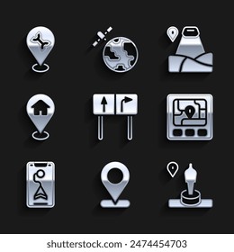 Set Road traffic sign, Location, and monument, Gps device with map, City navigation, house, mountain and Car service icon. Vector