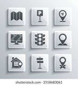 Set Road traffic sign, Location, Traffic light, with house, Monitor location marker, Folded map and  icon. Vector