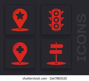 Stellen Sie Straßenverkehrszeichen, Kartenzeiger mit Stern, Ampel und Medizinische Karte Zeiger mit Krankenhaus-Kreuzsymbol. Vektorillustration