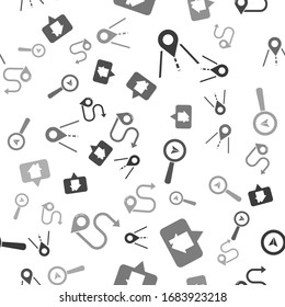 Set Road traffic sign, Map pointer with house, Search location and Route location on seamless pattern. Vector