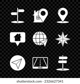 Set Road traffic sign, Map pointer with house, pin, Paper airplane, Infographic of city map navigation,  and Location the globe icon. Vector