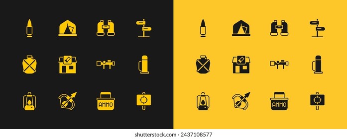 Set Road traffic sign, Medieval bow and arrow, Sniper optical sight, Ammunition box, Hunting shop, Binoculars, Bullet and Tourist tent icon. Vector