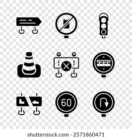 Set Road traffic sign, No cell phone, Traffic light, Speed limit, Turn back road, cone and barrier icon. Vector