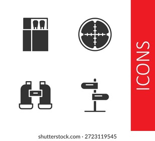 Señal de tráfico de carretera, caja de fósforos abierta y fósforos, binoculares y icono de vista óptica de francotirador. Vector