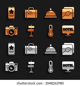Set Road traffic sign, Photo, Location hotel, Meteorology thermometer, camera, Hotel service bell, Mobile with review rating and Suitcase icon. Vector