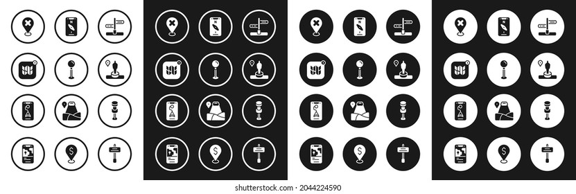 Set Road traffic sign, Push pin, Infographic of city map, Location with cross mark, and monument, Compass mobile,  and City navigation icon. Vector