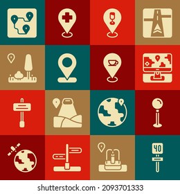 Set Road traffic sign, Push pin, Monitor with location marker, Alcohol beer bar, Location, City map navigation, Route and coffee cup icon. Vector