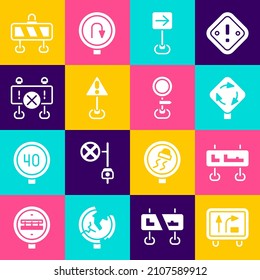 Set Road traffic sign, Roundabout, Traffic turn right, Exclamation mark in triangle, barrier,  and  icon. Vector