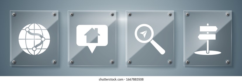 Set Road traffic sign, Search location, Map pointer with house and Location on the globe. Square glass panels. Vector