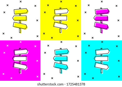 Set Road traffic sign. Signpost icon isolated on color background. Pointer symbol. Street information sign. Direction sign.  Vector Illustration