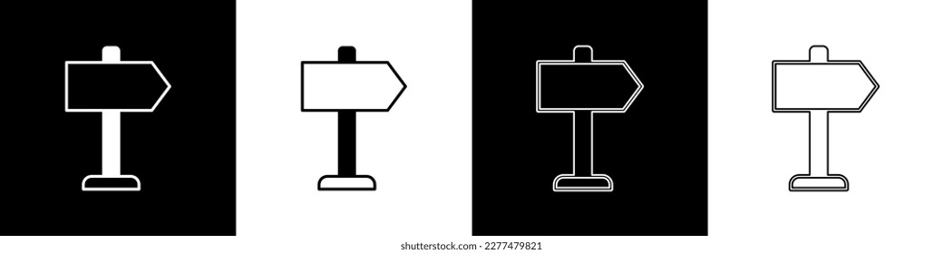 Set Road traffic sign. Signpost icon isolated on black and white background. Pointer symbol. Isolated street information sign. Direction sign.  Vector