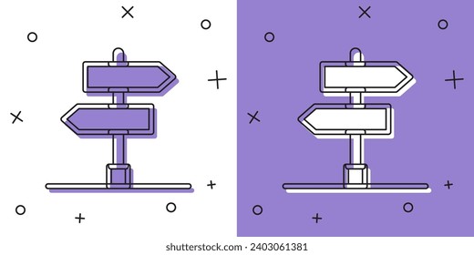 Set Road traffic sign. Signpost icon isolated on white and purple background. Pointer symbol. Isolated street information sign. Direction sign.  Vector