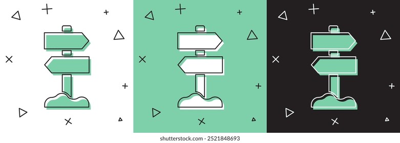 Set Road traffic sign. Signpost icon isolated on white and green, black background. Pointer symbol. Street information sign. Direction sign.  Vector